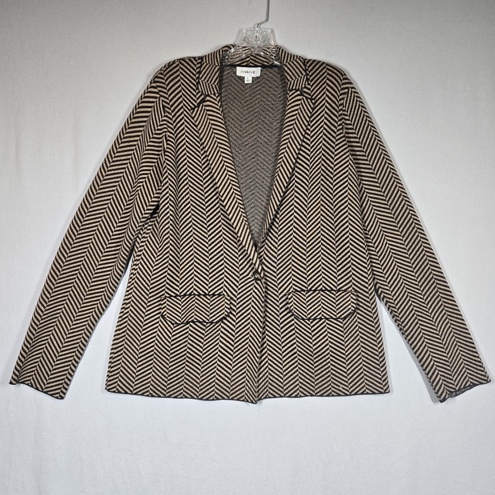 Evereve Sweater Knit Cardigan Blazer Women's Large Herringbone Tan Black